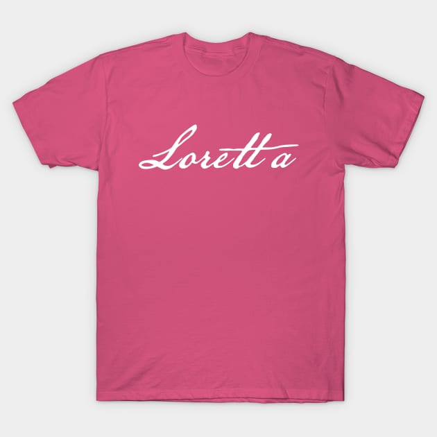 Loretta Typography White Script T-Shirt by ellenhenryart